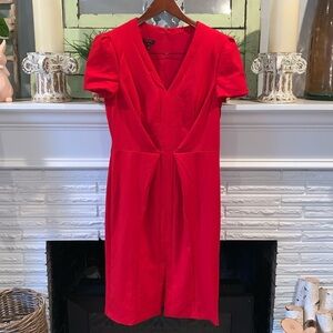 Escada V-Neck Red Wool Pleated Pin-Tuck Sheath Dress Size 38 or 8